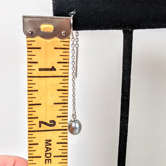 Pearl on sterling chain pull through pierced dangle earrings - Picture 3 of 6